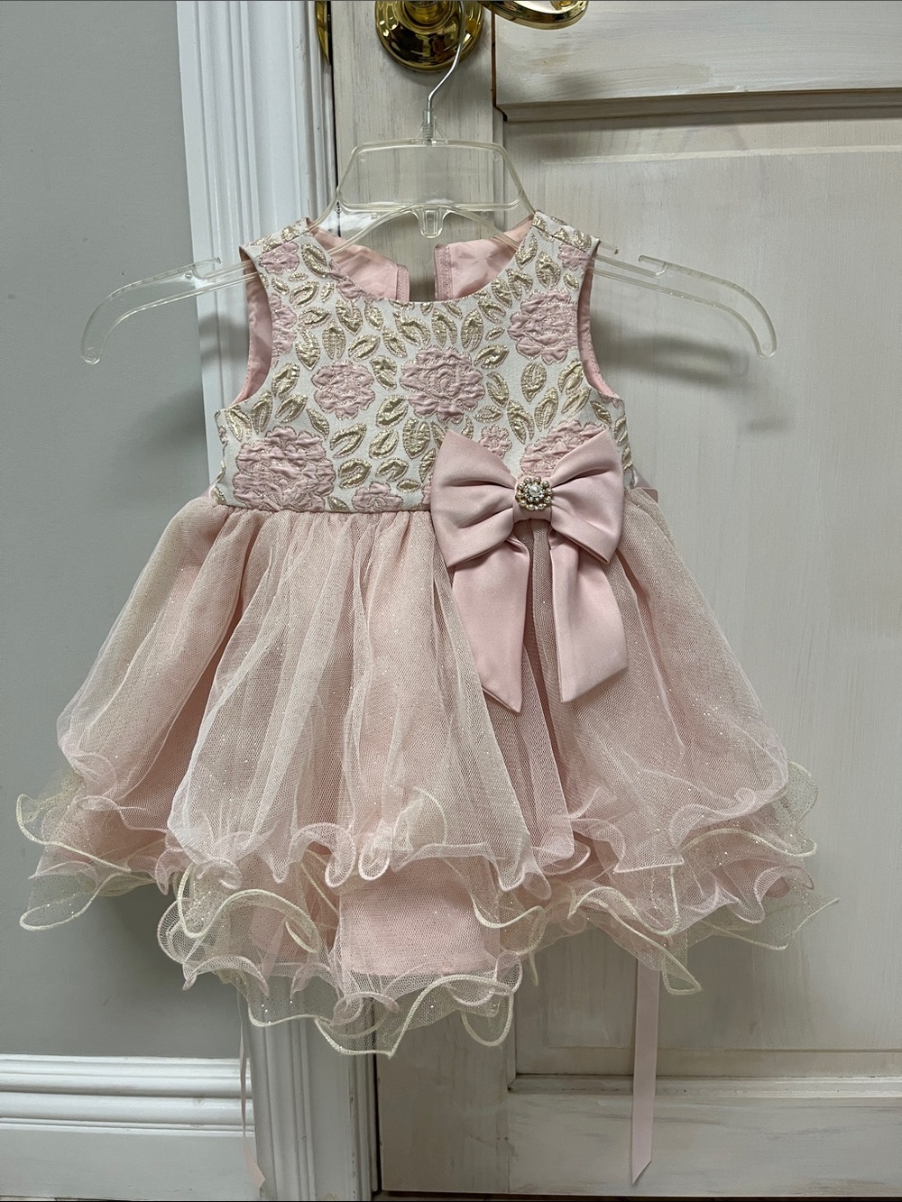 Rare Editions Blush Pink Floral Tulle Dress with Bow
